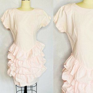 Pink Vintage 80s Dress Cotton Tiered Ruffle Party Dress USA Made Cotton